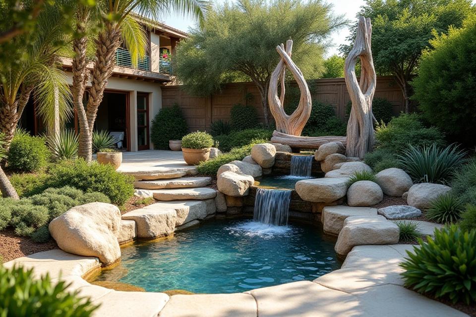 Custom coastal garden with driftwood and water features